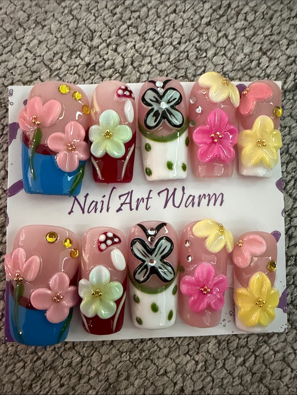 3D Floral handmade acrylic Press-On Nails in Pink, Yellow, White and Blue